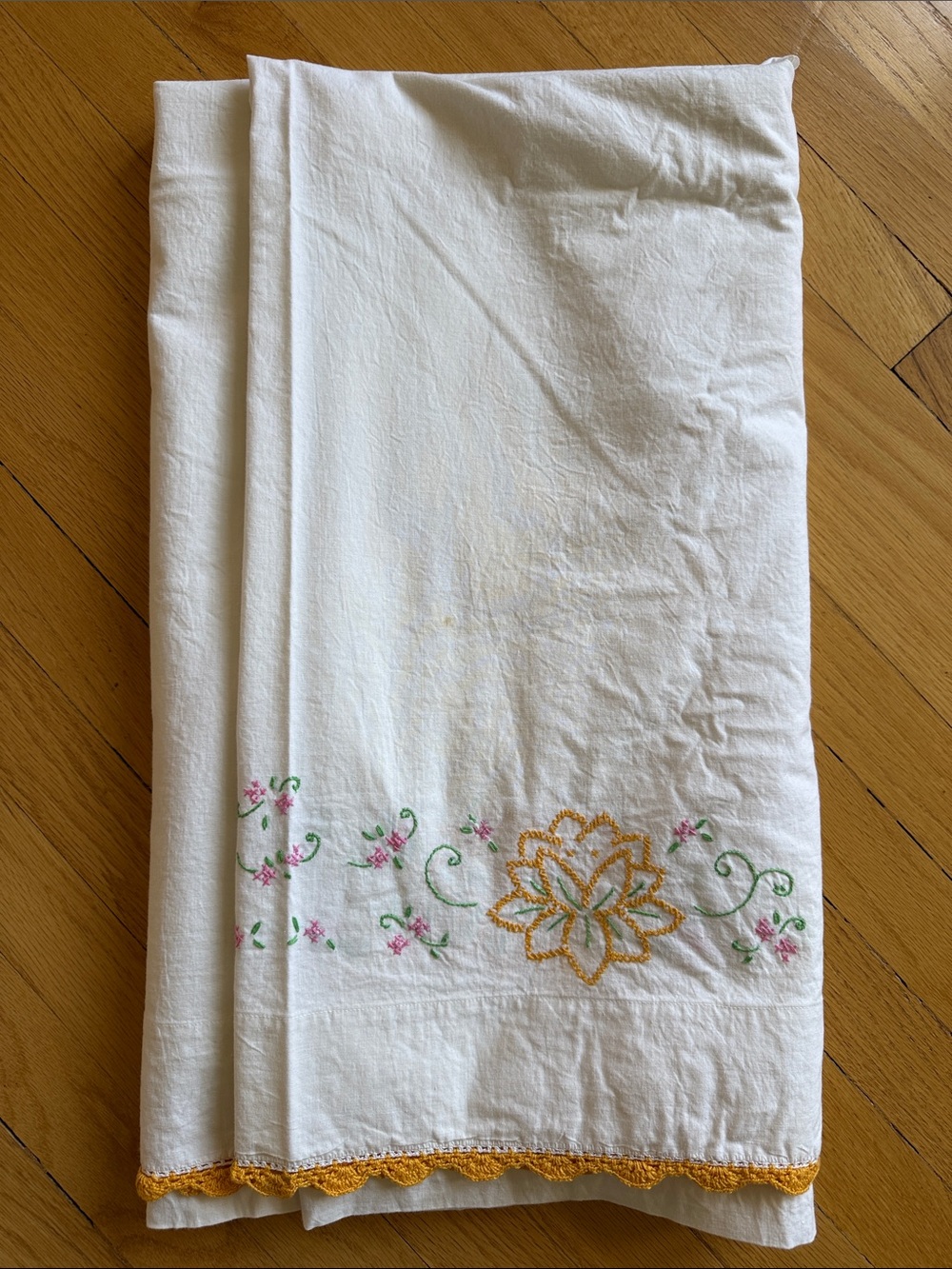 White Embroidered Floral Tablecloth with Yellow Crochet Edge
